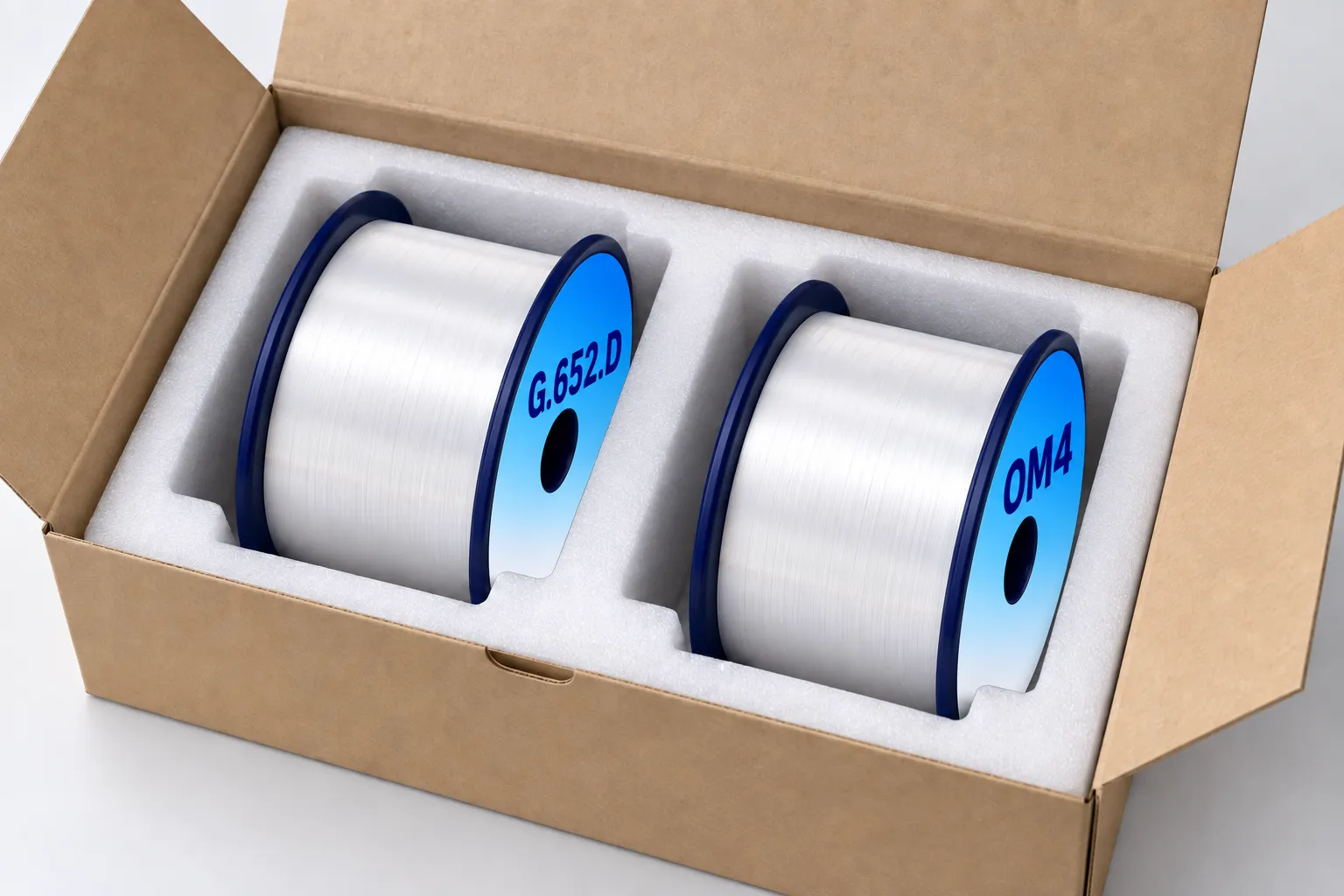 Illustrative tightly wound fiber reels with model labels packed in a protective carton